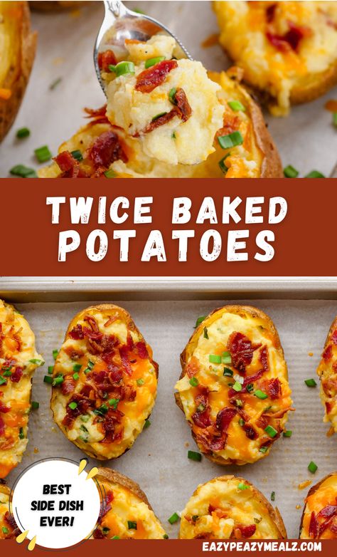 Twice baked potatoes on a tray Easy Twice Baked Potatoes, Potatoes Loaded, Potatoes Crispy, Chicken Potato Bake, Honey Baked Ham, Potato Toppings, Loaded Baked Potatoes, Twice Baked, Twice Baked Potatoes