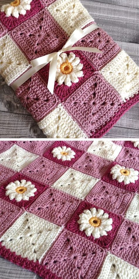 Let's have a big thread on crochet and knit creations for inspiration and sharing your work. Easy Crochet Flower Blanket, Fuzzy Yarn Crochet Blanket, Crochet Square Patterns Flower, Crochet Baby Blanket Flowers, Feminine Crochet Blanket, Girl Baby Blanket Crochet Pattern, Crochet Blanket With Flowers, Crochet Blankets Granny Squares, Granny Square Pattern Blanket