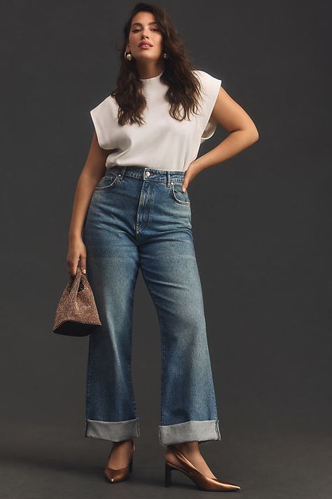 Finished with a statement cuff, the top-rated Austyn is relaxed just-so from hip through ankle, and is offered in a classic high rise. | The Austyn High-Rise Cuffed Wide-Leg Jeans by Pilcro in Blue, Women's, Size: 23, Cotton/Elastane/Lyocell at Anthropologie Woman Plus Size Outfits, Anthropology Womens Clothing, Wide Leg Jeans Outfit Summer Plus Size, French Midsize Fashion, Women Casual Wear Outfit, Neutral Color Womens Outfits, Boho Jean Outfits, Sophisticated Style Plus Size, Clothing For Mid Size Women