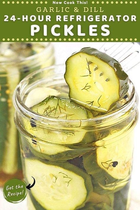 These homemade garlic and dill refrigerator 24-hour pickles (or quick pickles) are quick, easy, crisp, fresh, jam-packed with flavor. About 15 minutes of prep time and a few simple ingredients are all you need. They're perfect alongside (or on) a sandwich or burger or as a delicious snack! Get the recipe and give them a try! Fresh Pickles, Pickles Homemade Easy, Refrigerator Dill Pickles, Refrigerator Jam, Scrapbook Recipe, Refrigerator Pickles Dill, Refrigerator Pickle Recipes, Garlic Dill Pickles, Easy Pickle