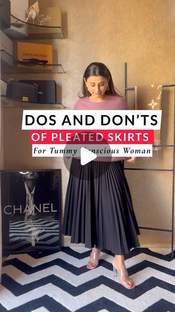 Ishita Saluja Personal Stylist & Image Coach on Instagram: "When styling pleated skirt( for people with bigger tummy)keep these things in mind 📍Save the reel first ❤️Remember to embrace yourself and your body. Highlight what you love, camouflage what you don’t.   👉🏼Try to wear it with v or round necks 👉🏼Avoid wearing it with boxy top untucked 👉🏼Balance is the key 👉🏼Choose thicker fabric as flimsy fabric can bring attention to stomach 👉🏼More the pleats, leaner you look 👉🏼Additional tip- choose vertical stripes to look lean   Skirt - Zara ( 6 years old) No links for top either ( all are so old)  I am Ishita saluja, your personal stylist and Image Coach from London Image Institute. DM Us To Book Your Session. If you are ready to change the way you dress and feel. Then DM to book Tops For Flared Skirts, Black Long Flare Dress, Patterned Pleated Skirt Outfit, Silver Metallic Pleated Skirt Outfit, What To Wear With A Long Pleated Skirt, Black Skirt Styling Ideas, Pleated Skirt And Top Outfit, Pleated Skirt Loafers Outfit, Shoes To Wear With Pleated Skirt