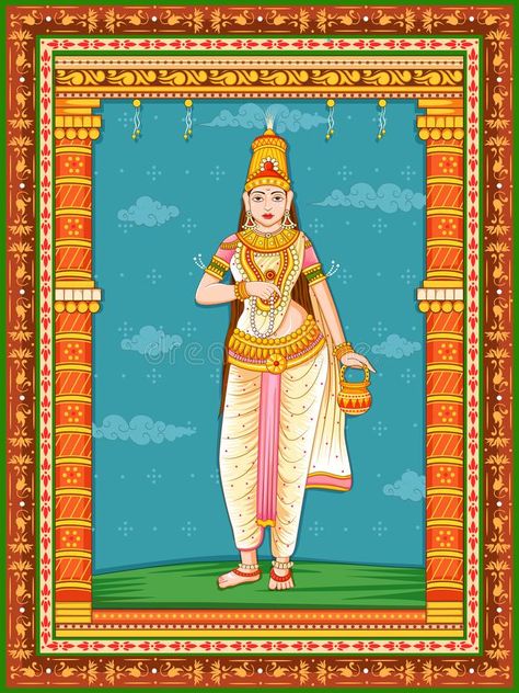 Statue of Indian Goddess Brahmacharini one of avatar from Navadurga with vintage floral frame background. Vector design of statue of Indian Goddess Brahmacharini vector illustration Goddess Brahmacharini, Floral Frame Background, Navratri Devi Images, Maa Durga Image, Durga Painting, Photoshop Design Ideas, Durga Images, Goddess Durga, Indian Goddess