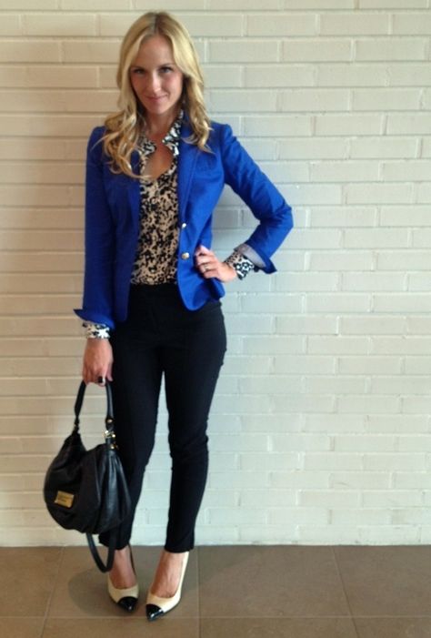 Not Fancy, Just Life: Blue and Leopard: Take 2 Electric Blue Blazer Outfit, Royal Blue Blazer Outfit, Blue Blazer Outfits For Women, Blue Blazer Outfit, Royal Blue Blazer, Blazer Outfit Ideas, Royal Blue Outfits, Royal Blue Blazers, Blazer Outfits For Women