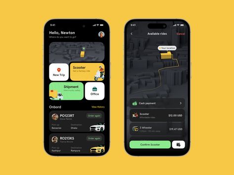 We have come up today with another design concept for the ride-sharing app. Like every design, we prioritized usability and functionality with a dark theme that promotes readability and improves visual hierarchy. With convenient access to riding history and costs, our design aims to deliver a seamless and personalized experience for every user. App Design Ui, Ux Kits, App Design Layout, Card Ui, Taxi App, Ui Design Trends, Android Design, Ux Mobile, Booking App