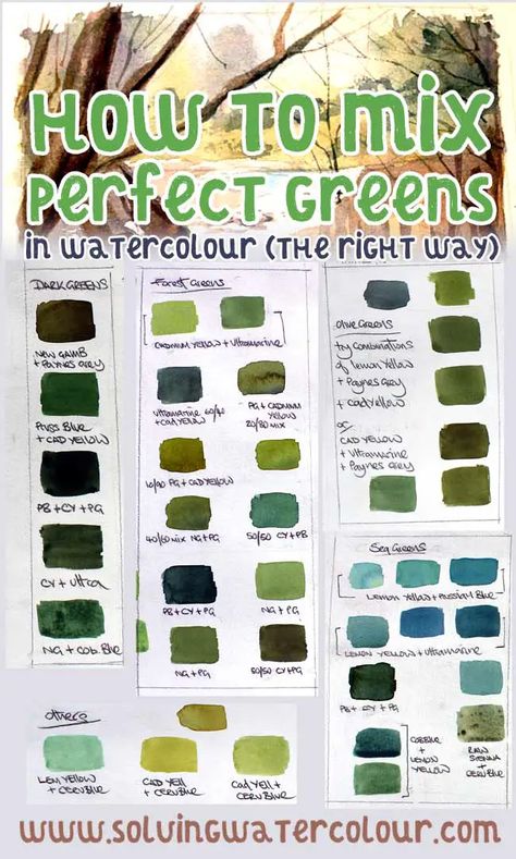 How To Mix Perfect Greens in Watercolor - Solving Watercolour Mixing Paint Colors, Watercolor Mixing, Learn Watercolor, Watercolor Tips, Watercolor Paintings For Beginners, Watercolor Lessons, Diy Watercolor Painting, Seni Cat Air, How To Mix