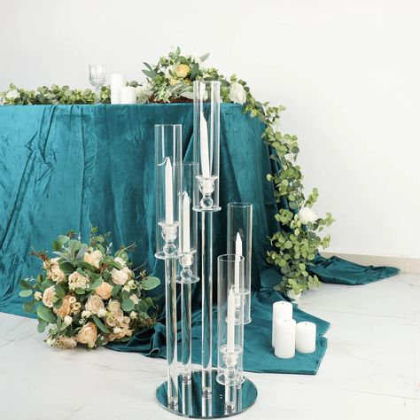 Explore our 32" tall, clear, 5-arm crystal round glass taper candle candelabra, perfect for wedding centerpieces. ✓ Get this elegant pillar candle holder now! Floral Pedestal, Pillar Candle Decor, Candle Holder Wedding, Decorative Pillars, Glass Pillar Candle Holders, Candle Candelabra, Glass Candelabra, Square Candles, Crystal Candelabra