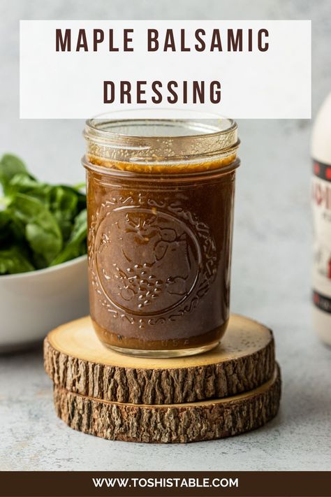 A small jar of balsamic dressing on two wooden coasters. Creamy Balsamic Vinaigrette, Maple Balsamic Dressing, Balsamic Dressing Recipe, Creamy Balsamic Dressing, Balsamic Vinegar Dressing, Balsamic Vinaigrette Recipe, Homemade Balsamic Vinaigrette, Salad With Balsamic Dressing, Maple Balsamic