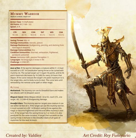 [Homebrew] Mummy Warrior - Imgur Mummy Warrior, Pathfinder Homebrew, Dnd Undead, Arcane Magic, 5e Monsters, Dnd Monster, Monster Manual, Dnd Stats, Dark Sun