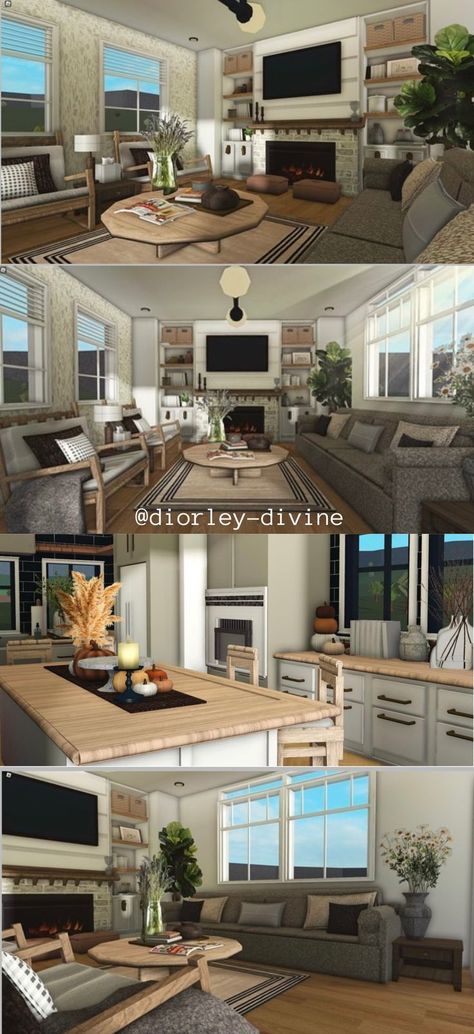 Bloxburg Living Room Ideas Traditional, Bloxburg Living Room Inspiration, Boho Bloxburg House Layout, Modern Homes Bloxburg, Bloxburg Farmhouse Room Ideas, Rooms To Have In Your Bloxburg House, Family Room Bloxburg, Living Rooms In Bloxburg, Bloxburg Aesthetic Living Room