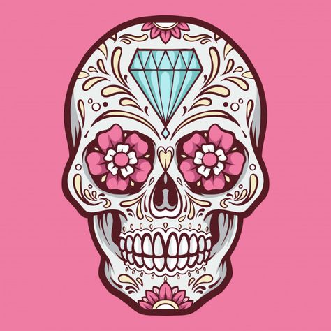 Pink sugar skull illustration Premium Ve... | Premium Vector #Freepik #vector #flower Sugar Skull Art Drawing, Mexico Skull, Sugar Skull Illustration, Rosas Vector, Sugar Scull, Floral Cartoon, Sugar Skull Artwork, Skull Coloring Pages, Mexican Skull