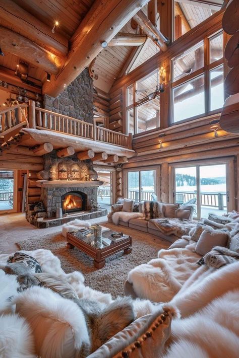 Winter Lodge Interior, Cozy Winter Cabin Aesthetic, Open Concept Cabin, Winter House Interior, Winter Cabin Interior, Cabin House Interior, Luxury Cabin Interior, Mountain House Interior, White Cabin