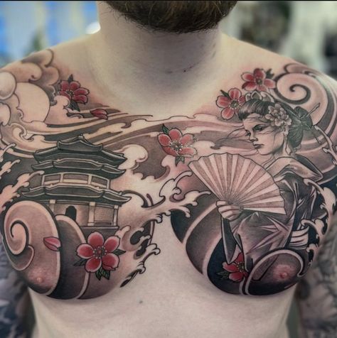 Japanese Style Chest Tattoo, Japanese Chest Tattoo Design For Men, Japan Chest Tattoo, Shoulder Japanese Tattoo, Chinese Chest Tattoo, Japanese Chest Piece, Japanese Chest Tattoo Design, Aiden Tattoo, Hayley Tattoo