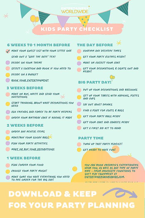 The key to a good party is good planning – get everything done at the right time and there will be no last-minute panics, no missing cakes, and no bored children running rings around you. Our Kids Party Checklist will take you every step of the way from sending that first ‘Save the Date’ text to opening the front door to the first excited little guest. Click the link to download & keep!  #kidsparty #kidspartyplanning #kidspartychecklist #kidspartyinspiration 1st Birthday Checklist Party Planners, Kids Party Checklist, 1st Birthday Party Entertainment Ideas, Kids Birthday Party Checklist, Save The Date Text, Party Music Playlist, Birthday Party Checklist, Kids Party Planning, Kids Party Inspiration