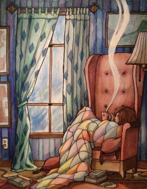 Rainy day reading A Blanket, A Chair, A Drawing, The Words, Bed