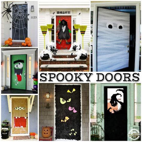 Spooky Doors Halloween Doors, Diy Halloween Door Decorations, Halloween Diy Door, Diy Halloween Dekoration, Halloween Front Door Decorations, Dekorasi Halloween, Halloween Fest, Halloween Front Doors, Casa Halloween