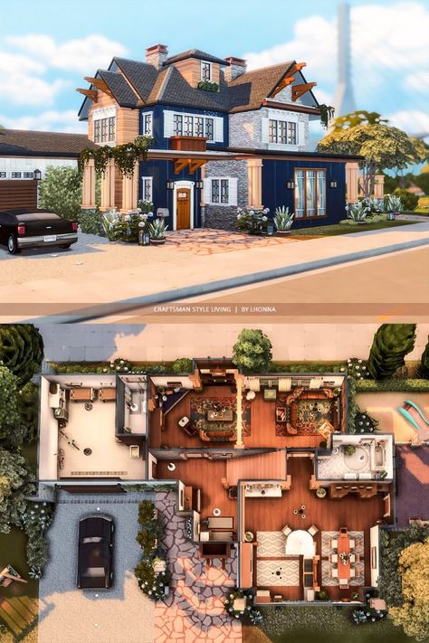 Craftsman Style Living by Lhonna Medieval House Concept, Medieval House Concept Art, Suburban Family Home, House Concept Art, San Sequoia, Sims 4 Family House, Sims 4 Modern House, Sims 4 Houses Layout, Family Of 7