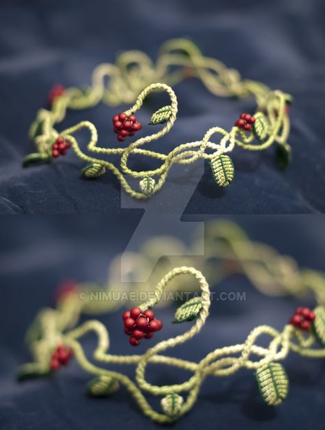 Berry crown by nimuae on DeviantArt Macrame Crown, Macrame Leaves, Macrame Flower, Dread Beads, Boho Headband, Macrame Ideas, A Work In Progress, Macrame Projects, Macrame Necklace