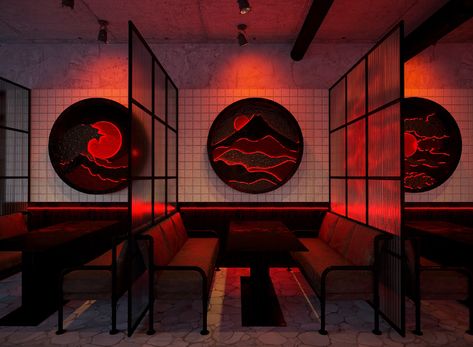 Sushi Store Design, Red Restaurant Interior, Japanese Bar Design, Sushi Restaurant Design, Vietnamese Aesthetic, Japanese Diner, Asian Restaurant Interior Design, Chinese Restaurant Interior Design, Asian Restaurant Design