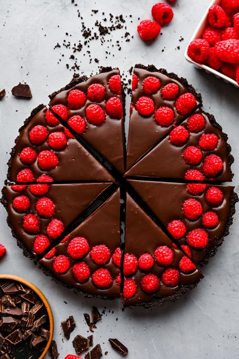 Chocolate Raspberry Tart, Chocolate And Raspberry Tart, Crowded Kitchen, Ganache Filling, Chocolate Ganache Filling, Raspberry Tart, Peanut Butter Pretzel, Raspberry Tarts, Fresh Raspberries