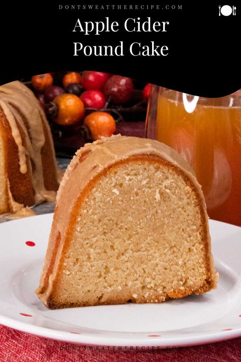 Our apple cider pound cake is sweet, tangy, and moist with a delicate crumb. Drizzled with a glaze that takes the rich apple cider flavor over the top! Apple Spice Pound Cake, Apple Cider Donut Bundt Cake Recipe, Apple Cider Pound Cake Recipe, Spiced Pound Cake, Thanksgiving Pound Cake, Apple Cider Cake Mix Recipes, Holiday Pound Cake, Recipes With Apple Cider In Them, Fall Pound Cake