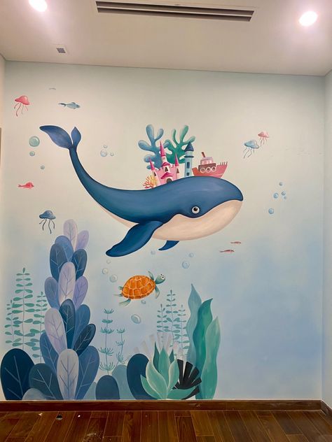 Ocean Mural Painting, School Wall Art Ideas, Sea Murals, Ocean Mural, Balloon Tree, Bathroom Mural, Beach Mural, School Board Decoration, Kids Room Murals