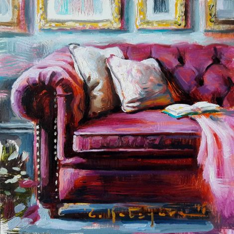 Velvet Magenta by Elena Katsyura Oil ~ 6 in x 6 in Elena Katsyura, Couch Art, A Level Art Sketchbook, Interior Artwork, Art Interiors, Interior Paintings, Illustration Styles, Point Perspective, Interior Sketch