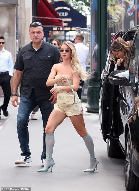 Sydney Sweeney puts on a leggy display in floral hotpants and a corset with sheer stockings as she enjoys a shopping spree in Paris | Daily Mail Online Nobu Malibu, Lauren Sanchez, 26 Years Old, Amal Clooney, Sydney Sweeney, Winona Ryder, Matching Shorts, Shopping Spree, Shopping Trip