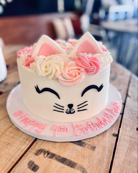 Kitty Kat Birthday Cake, Cat Face Cakes Birthday, Cakes With Cats Birthday, Pink Kitty Cake, Kitty Cat Birthday Party Cake, Kitty Cat Cake Ideas, Kitty Cat Cakes For Kids, Cat Party Cake, Pink Cat Cake