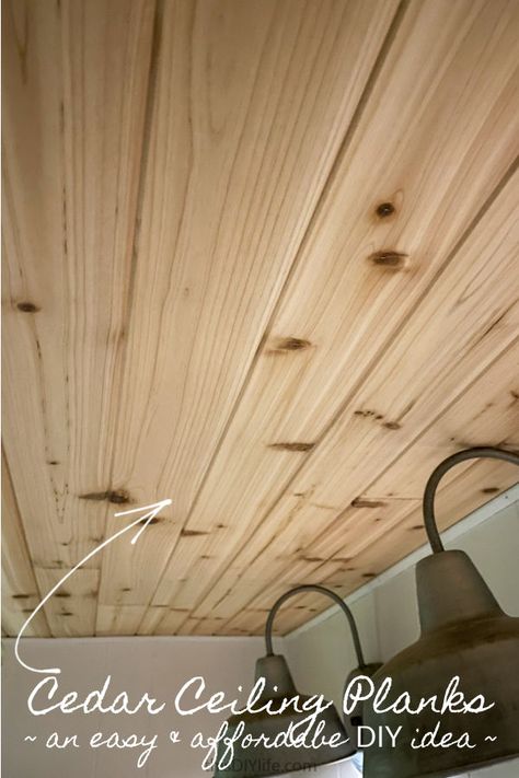 Wood Bathroom Ceiling, Cheap Ceiling Ideas, Cedar Ceiling, Paradise Decor, Ceiling Planks, Cedar Tongue And Groove, Covering Popcorn Ceiling, Wood Plank Ceiling, Cedar Paneling