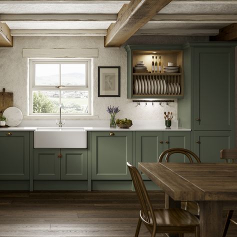 Green Country Kitchen, Howdens Kitchens, Kitchen Cabinet Inspiration, Sage Green Kitchen, Cosy Kitchen, Green Kitchen Cabinets, Kitchen Dining Living, Green Cabinets, Classic Kitchens