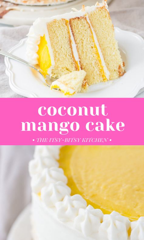 Coconut mango cake! This delicious from scratch dessert features soft coconut cake layers, homemade mango curd filling, and lots of creamy coconut buttercream frosting. It's a delicious tropical twist on regular coconut cake! This recipe is perfect if you're craving a tropical vacation but can't get away right now! Mango Coconut Cake, Coconut Layer Cake, Mango Curd, Mango Desserts, Coconut Buttercream, Mango Dessert Recipes, Coconut Cake Recipe, Mango Dessert, Mango Cake