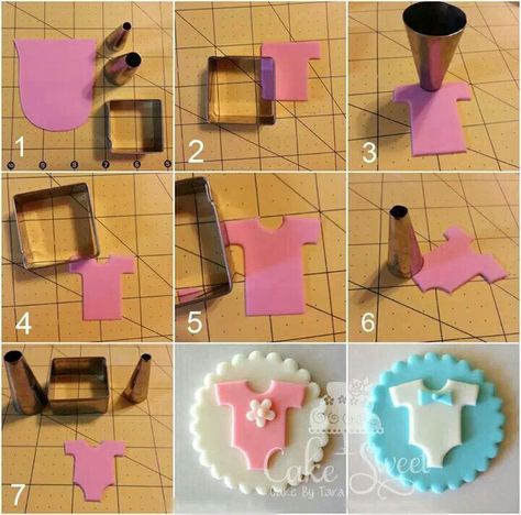 Fondant baby onesie (square cookie cutter and 2 different size round decorating tips) Torturi Baby Shower, Kue Fondant, Flori Fondant, Fondant Tips, Gateau Baby Shower, Decoration Patisserie, Baby Cupcake, Fondant Baby, Fondant Cake Toppers