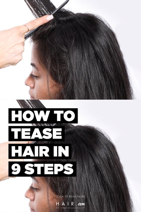 Out of all the styling techniques to try, teasing your hair may be the most perplexing. Whatever you've heard about teasing your mane, we're here to put the rumors to rest. We got in touch with Cassi Pinder, a L’Oréal Professionnel artist, to show us the proper ways to tease your hair without causing any damage. Keep reading for her expert tips. Teasing Short Hair, Hair Teasing Tips, Teasing Hair Tutorial, How To Tease Your Hair, Teasing Hair For Volume, How To Tease Hair For Volume, How To Tease Your Hair For Volume, Flat Hair Fix Tips, 1c Hairstyles