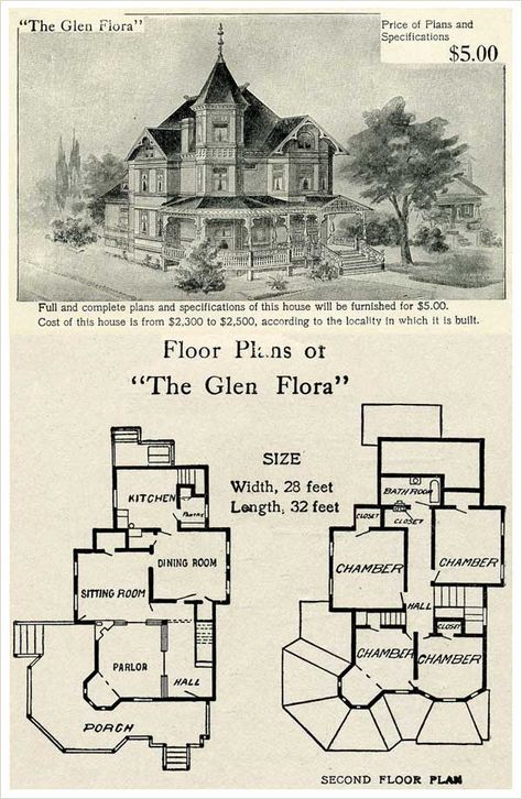 1905 Hodgson House Plan "The Glen Flora" Gothic Victorian House Plans, Gothic Revival House Plans, Queen Anne House Plans, Victorian House Floor Plans, Gothic House Plans, Victorian Floor Plans, Queen Anne Victorian House, Gothic Victorian House, Gothic Revival House