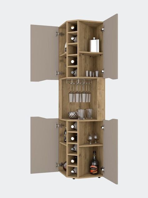 Home Bar Designs Small Corner, Home Bar Designs Small, Corner Bar Ideas, Wine Cubbies, Mini Bar At Home, Home Wine Bar, Corner Bar Cabinet, Home Bar Cabinet, Cup Rack