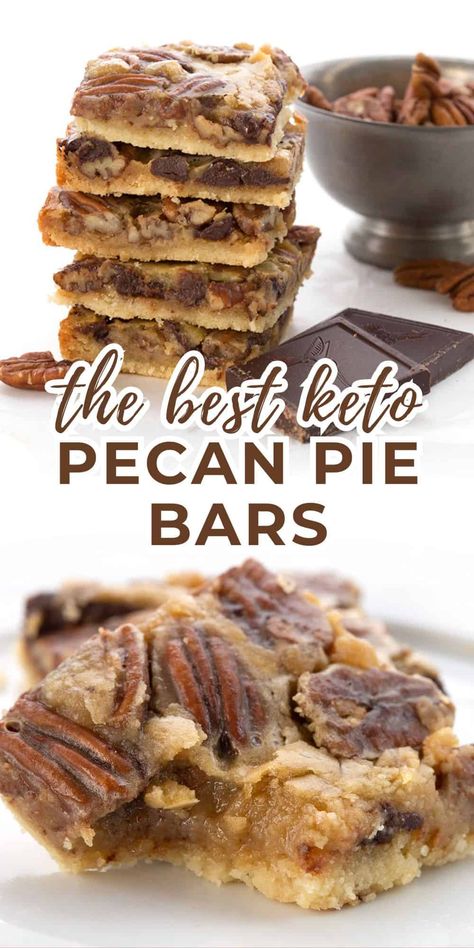 These keto pecan pie bars are so gooey and decadent, you won't believe they're sugar free! There's a reason these bars are one of my most popular keto dessert recipes. And at less than 5g of carbs, you can afford to indulge. The Original Keto Omg Bars, Carb Free Sweets, Keri Friendly Desserts, Keto Reeses Bars, Keto Mini Pecan Pies, Pecan Keto Recipes, Keto Dessert Quick, Keto Crumble Dessert, Easy Keto Thanksgiving Desserts