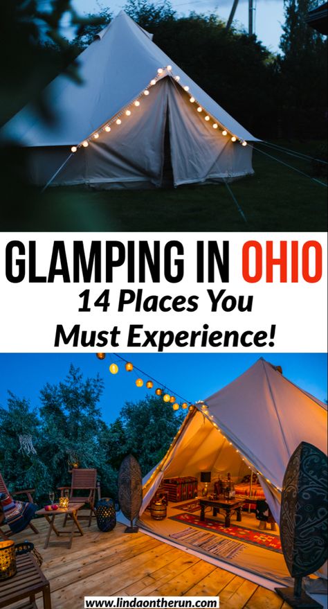 Two glamping experiences: one tent closed up with twinkling lights and another tent with a large wooden deck with patio furniture and twinkling lights Treehouse Village, Hocking Hills State Park, Ohio Travel, Go Glamping, Luxury Glamping, Midwest Travel, Appalachian Mountains, Camping Checklist, Camping Glamping