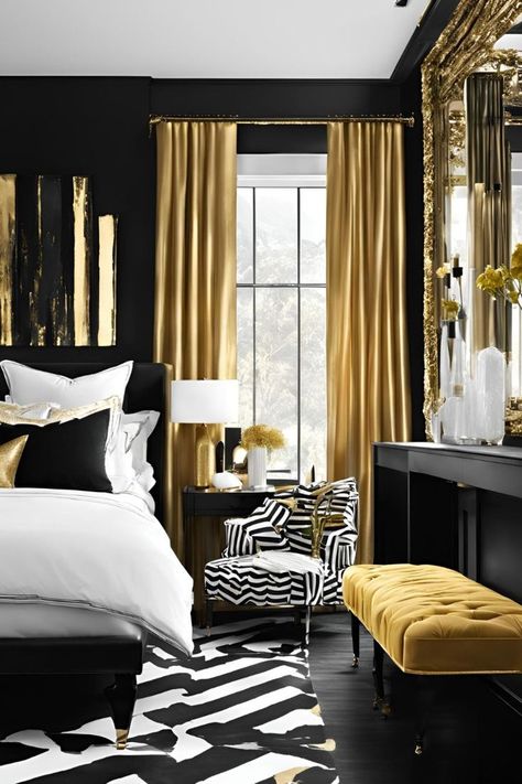 Boutique Bedroom Ideas, Gold Curtains Bedroom, Black And Gold Bedroom Ideas, Black And Gold Bedroom, Gold Bedroom Ideas, Grey And Gold Bedroom, Blue And Gold Bedroom, Fall Bedroom Ideas, Rose Gold Bedroom