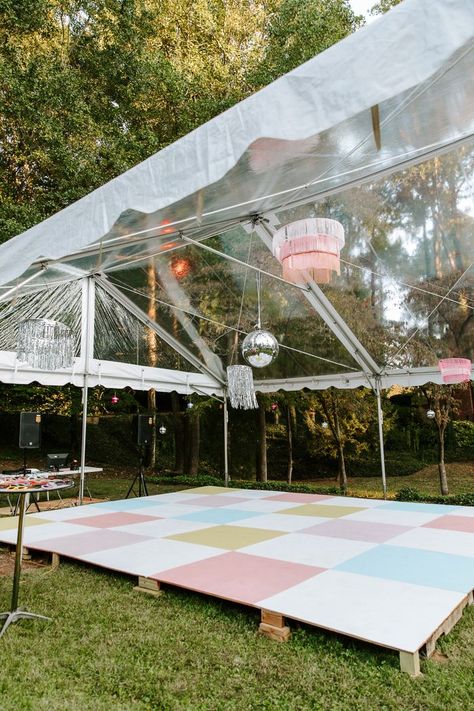 The pastel-checkered dance floor welcomed guests to kick off their shoes and revel in an all-night party filled with joy and celebration.| Image by Payton Urueta Photography Pastel Dance Floor, Diy Checkerboard Dance Floor, Colorful Dance Floor, Backyard Dance Floor, Backyard Wedding Dance Floor, Checkered Dance Floor Wedding, Diy Dance Floor, Diy Wedding Dance Floor, Dance Floor Party