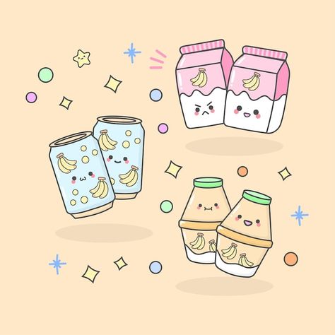 Cute Facial Expressions, Banana Drinks, Food Drawings, Cute Food Drawings, Food Drawing, Kawaii Art, Facial Expressions, Cute Food, Cute Illustration