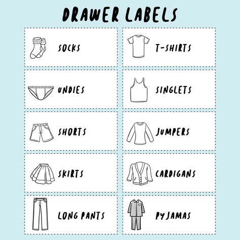 Kid Drawer Labels Printable Free Kids Dresser Labels Free Printable, Basket Labels Closet, Household Labels Free Printables, Drawer Organization For Clothes, Closet Labeling Ideas, Closet Labels Printable, Drawer Labels For Kids Clothes, Nursery Labels, Kids Cupboard