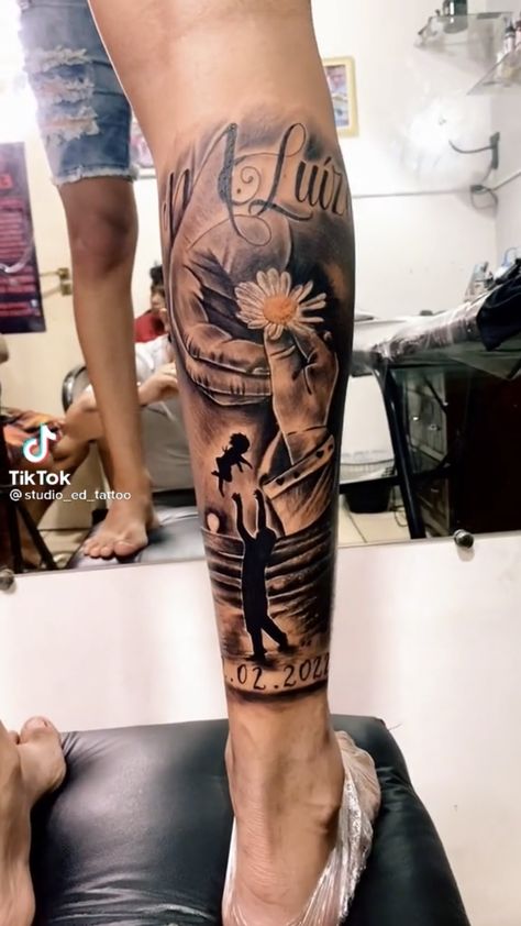 Daughter Sleeve Tattoo For Men, Daughter Tattoo For Men, Tattoo Ideas Male Leg, Daughter Tattoo For Father, Rip Tattoos For Dad, Tattoos For Siblings, Leg Tattoos For Men, Matching Tattoos For Siblings, Aztec Tattoos Sleeve