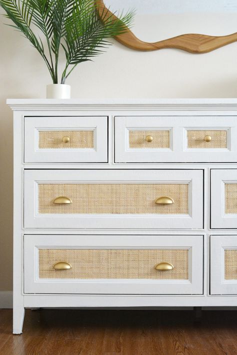 DIY Rattan Dresser Makeover | Centsational Style Wicker Dresser Makeover Diy, Caned Dresser, Boho Dressers, Dresser Designs, Cane Dresser, Painted Rattan, Centsational Style, Two Tone Dresser, Rattan Dresser