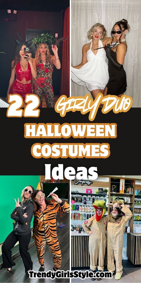 Collage featuring four different duo Halloween costume ideas for women. The title "22 GIRLY DUO HALLOWEEN COSTUMES Ideas" appears in white and orange text. Images showcase pairs of friends in coordinated costumes: a devil and leopard print combo in red and animal print, a Marilyn Monroe-inspired look with a companion in black, a tiger and rocker duo, and two Ghostbusters with quirky animal hoods. Matching Halowen Costums, Black Swan Duo Costume, Friendship Halloween Costumes 2 People, Costumes For Duos Best Friends, Girls Couple Costumes, Duo Best Friend Halloween Costumes, Funny Duo Costumes Hilarious, Halloween Costume Duo Friends, Halloween Costumes For Two Best Friends