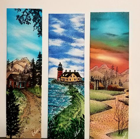 Book Mark Water Colour, Water Painting Bookmarks, Scenery Bookmarks, Sunset Bookmark Watercolor, Watercolor Mountain Bookmark, Creative Bookmarks, Small Canvas Paintings, Watercolor Bookmarks, Watercolor Paintings For Beginners