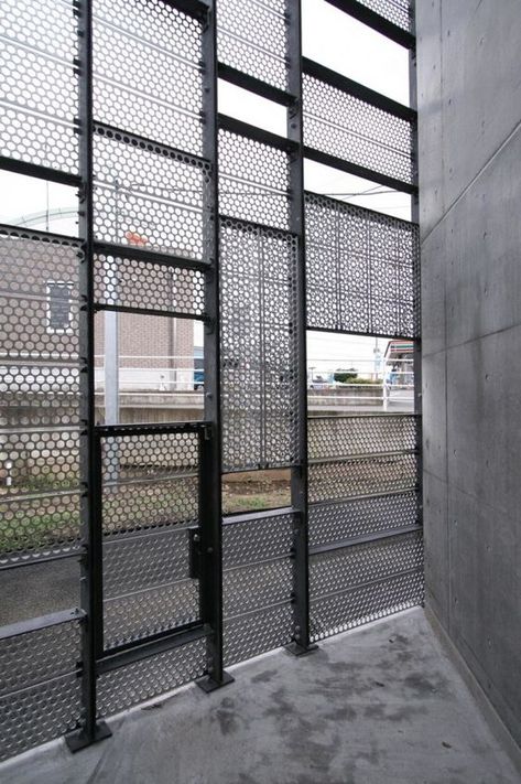 031_08_Nagaizumi. Powder coated perforated steel screen.: Perforated Metal Gate, Building Screen, Architectural Screen, Steel Screen, Perforated Steel, Pelan Rumah, Metal Facade, Expanded Metal, Metal Screen