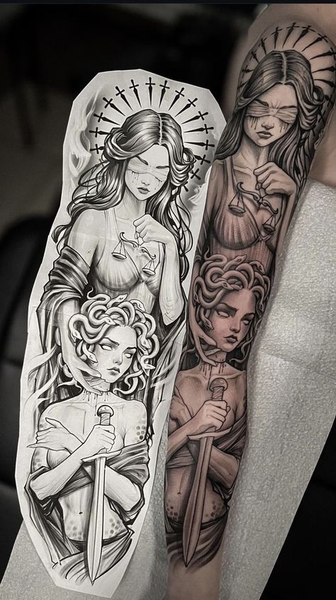 Medusa’s Tattoo, Medusa And Skull Tattoo, Woman And Dragon Tattoo, Myth Tattoo Mythology, Women Greek Mythology Tattoo, Greek God And Goddess Tattoo, Greek Goddess Sleeve Tattoo, Ethereal Woman Tattoo, Amazon Tattoo Female Warriors