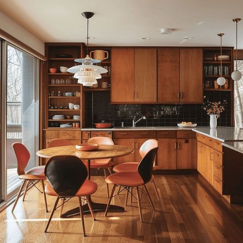 Mid-century modern kitchen with classic hardwood floors in oak, walnut, or teak for natural warmth and timeless elegance2 Midcentury Kitchen, Mid Century Interior Design, Mcm Kitchen, Mid Century Interior, Kitchen Guide, Kitchen Magic, Mid Century Modern Kitchen, Deco Retro, Mid Century Kitchen