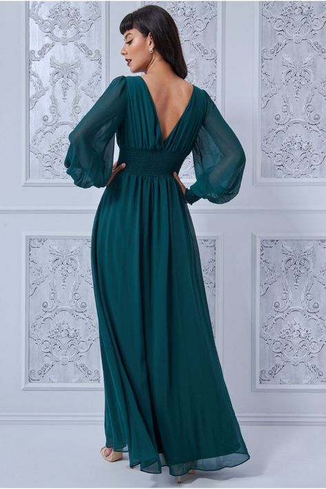 Start the summer off right with this romantic maxi chiffon dress. This flawless Goddiva style is the ultimate summer dress, whether it's for casual events or formal occasions, this green/Emerald dress has you covered. This chiffon puffy sleeve maxi dress is ticking all boxes this season. Its fabulous floor-length skirt, teamed with a deep v-neckline and a shirred waist makes a perfect choice of dress for bridesmaids. This green/Emerald occasion dress is also a winning choice for wedding guests, Plain Gowns, Lace Bodice Maxi Dress, Silk Gowns, Emerald Dresses, Green Tulle, Green Gown, Green Dresses, Long Evening Gowns, Maxi Gown Dress