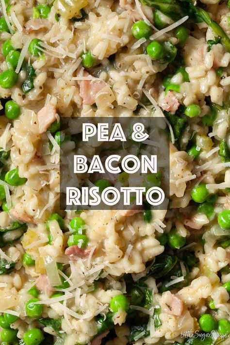 Pea and bacon risotto is an easy one-pot recipe that delivers a creamy and comforting meal. It's quick and simple to prepare - expect dinner on the table in around 40 minutes. Roast Frozen Broccoli, Leek Risotto, Bacon Risotto, Pea Risotto, Risotto Recipes Easy, Creamy Peas, Lemon Garlic Pasta, Pea Recipes, Risotto Recipes